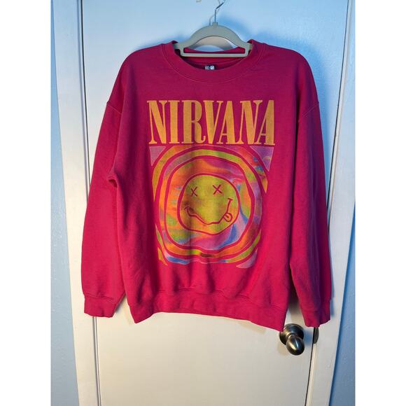 Gildan Nirvana Sweatshirt Medium Pink Smiley Face Tie Dye Festival Skater - Picture 1 of 4